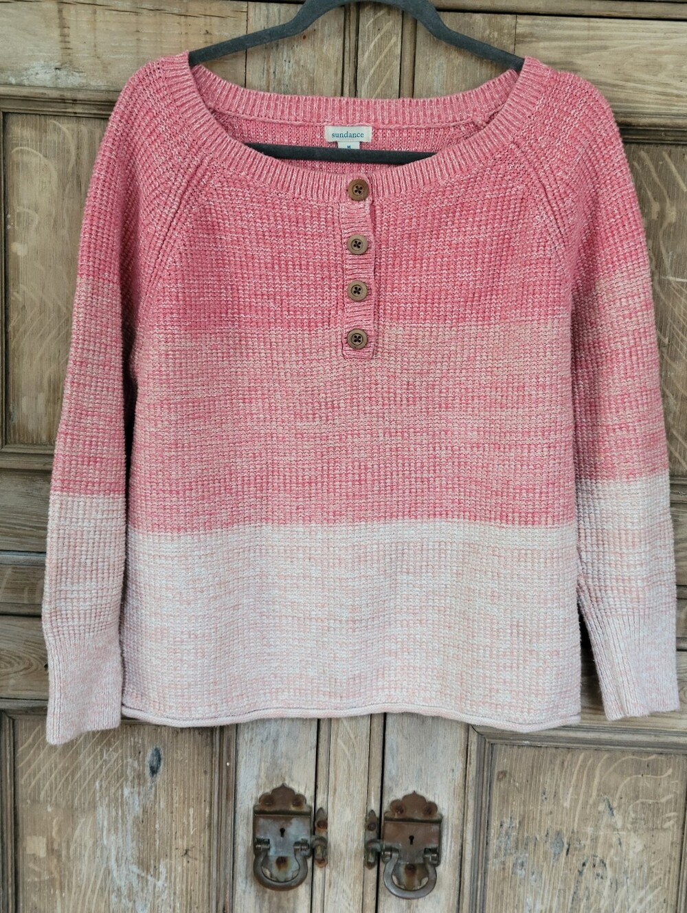 Sundance Pink Ombre Avedon Henley Cotton Knit Sweater Size Medium Boho Cozy
